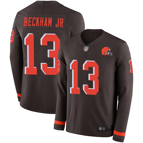 Browns #13 Odell Beckham Jr Brown Team Color Men's Stitched Football Limited Therma Long Sleeve Jersey