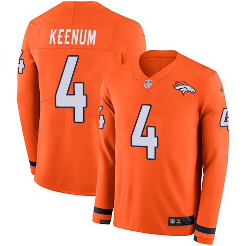 Nike Broncos #4 Case Keenum Orange Team Color Men's Stitched NFL Limited Therma Long Sleeve Jersey