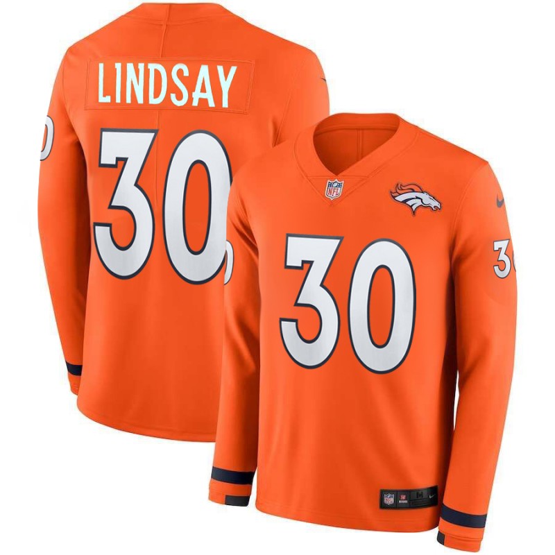 Nike Broncos 30 Phillip Lindsay Orange Therma Long Sleeve Jersey