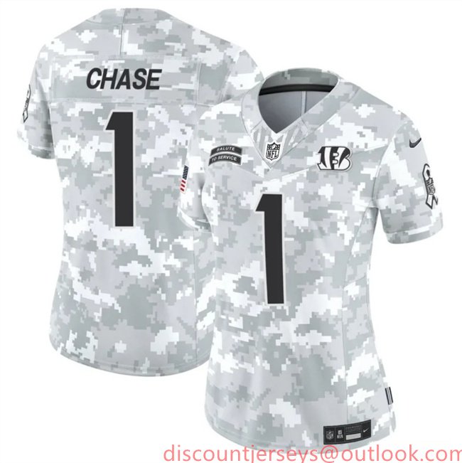 Women's Cincinnati Bengals #1 Ja'Marr Chase 2024 F.U.S.E Arctic Camo Salute To Service Limited Stitched Football Jersey(Run Small)