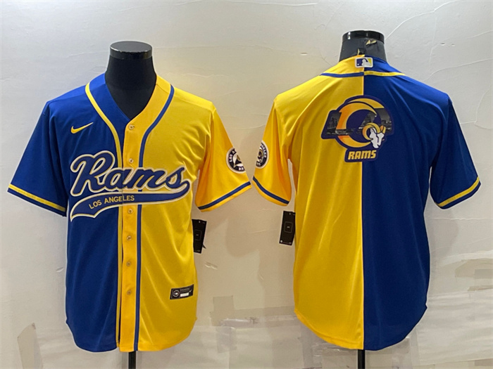 Men's Los Angeles Rams Royal Yellow Split Team Big Logo With Patch Cool Base Stitched Baseball Jersey