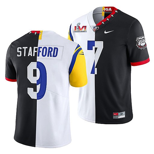 Men's Los Angeles Rams X Georgia Bulldogs #9 Matthew Stafford Black White Split Super Bowl LVI Stitched Jersey