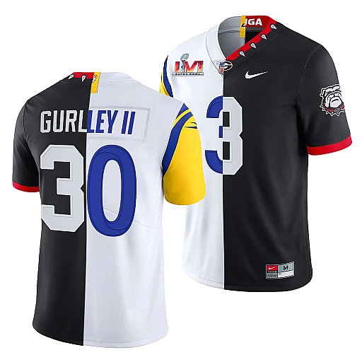 Men's Los Angeles Rams X Georgia Bulldogs #30 Todd Gurley II Black White Split Super Bowl LVI Stitched Jersey