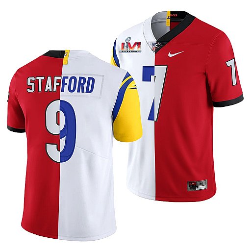 Men's Los Angeles Rams X Georgia Bulldogs #9 Matthew Stafford Red White Split Super Bowl LVI Stitched Jersey