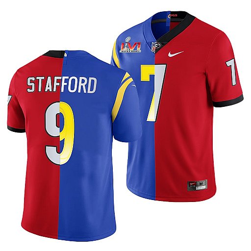 Men's Los Angeles Rams X Georgia Bulldogs #9 Matthew Stafford Red Royal Split Super Bowl LVI Stitched Jersey