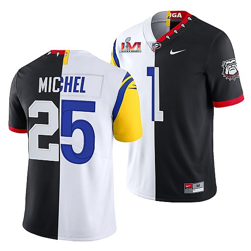 Men's Los Angeles Rams X Georgia Bulldogs #25 Sony Michel Black White Split Super Bowl LVI Stitched Jersey