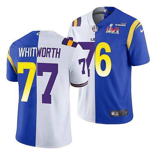 Men's Los Angeles Rams X LSU Tigers #77 Matthew Stafford White Royal Split Super Bowl LVI Stitched Jersey