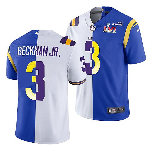 Men's Los Angeles Rams X LSU Tigers #3 Odell Beckham Jr. White Royal Split Super Bowl LVI Stitched Jersey