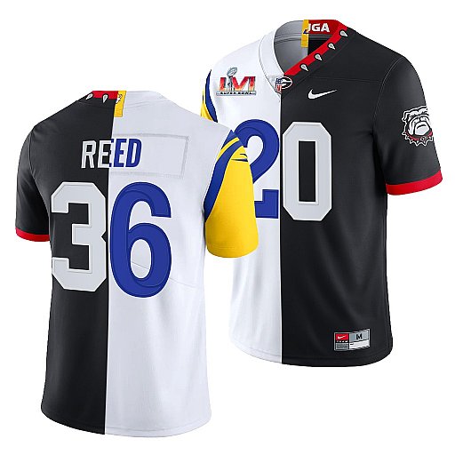 Men's Los Angeles Rams X Georgia Bulldogs #36 J.R. Reed Black White Split Super Bowl LVI Stitched Jersey