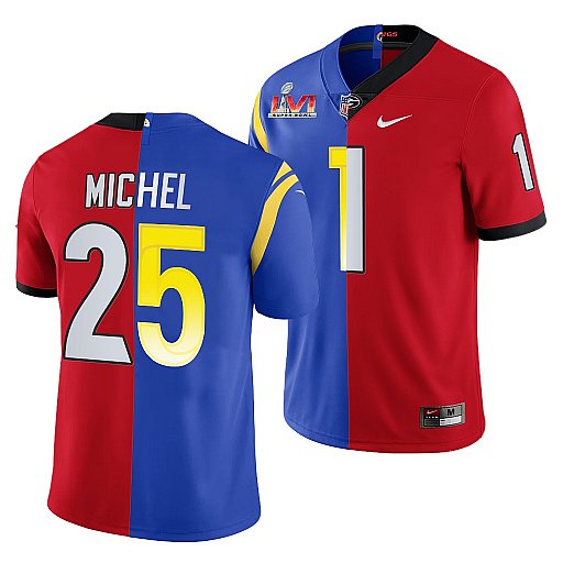 Men's Los Angeles Rams X Georgia Bulldogs #25 Sony Michel Red Royal Split Super Bowl LVI Stitched Jersey