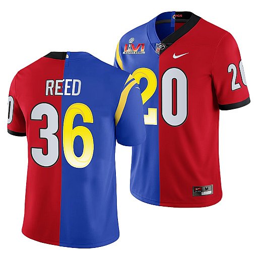 Men's Los Angeles Rams X Georgia Bulldogs #36 J.R. Reed Red Royal Split Super Bowl LVI Stitched Jersey