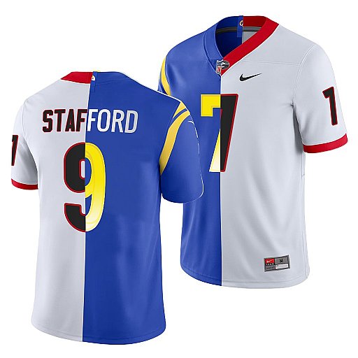 Men's Los Angeles Rams X Georgia Bulldogs #9 Matthew Stafford White Royal Split Stitched Jersey