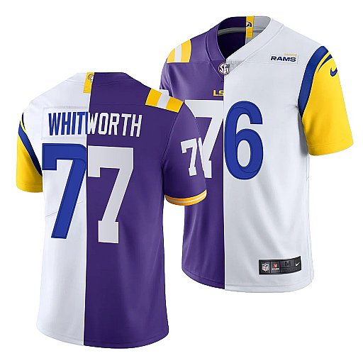 Men's Los Angeles Rams X LSU Tigers #77 Matthew Stafford Purple White Split Stitched Jersey