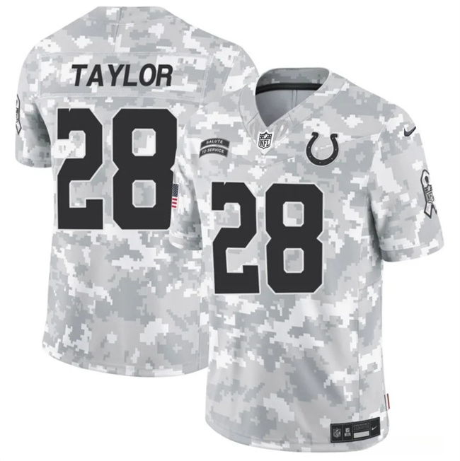 Men's Indianapolis Colts #28 Jonathan Taylor 2024 F.U.S.E Arctic Camo Salute To Service Limited Stitched Football Jersey