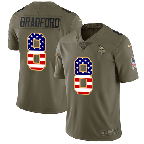 Nike Vikings #8 Sam Bradford Olive USA Flag Men's Stitched NFL Limited 2017 Salute To Service Jersey