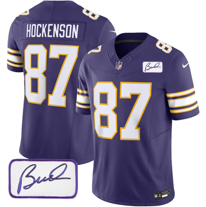 Men's Minnesota Vikings #87 T.J. Hockenson Purple 2023 F.U.S.E. Bud Grant Patch Vapor Limited Stitched Jersey