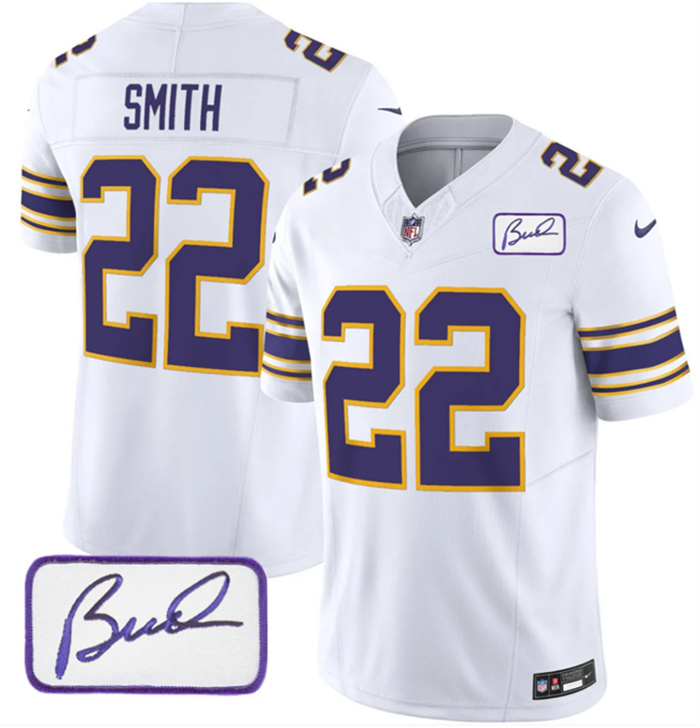 Men's Minnesota Vikings #22 Harrison Smith White 2023 F.U.S.E. Bud Grant Patch Vapor Limited Stitched Jersey