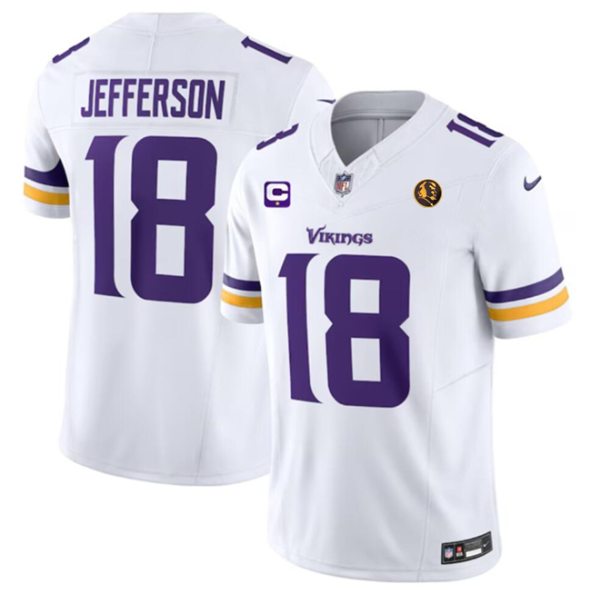 Men's Minnesota Vikings #18 Justin Jefferson White 2023 F.U.S.E. With 1-Star C Patch And John Madden Patch Vapor Limited Stitched Football Jersey