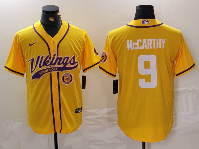 Men's Minnesota Vikings #9 J.J. McCarthy Yellow Cool Base Stitched Baseball Jersey 2