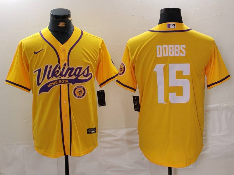 Men's Minnesota Vikings #15 Joshua Dobbs Yellow Cool Base Stitched Baseball Jersey 4