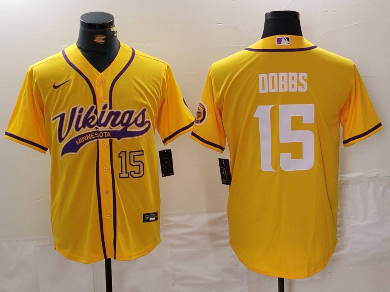 Men's Minnesota Vikings #15 Joshua Dobbs Yellow Cool Base Stitched Baseball Jersey 3