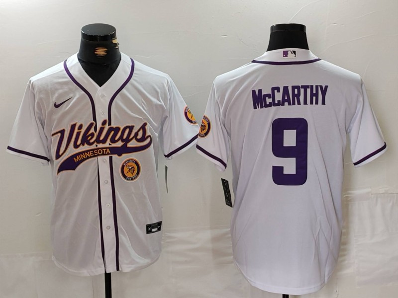 Men's Minnesota Vikings #9 J.J. McCarthy White Cool Base Stitched Baseball Jersey 1