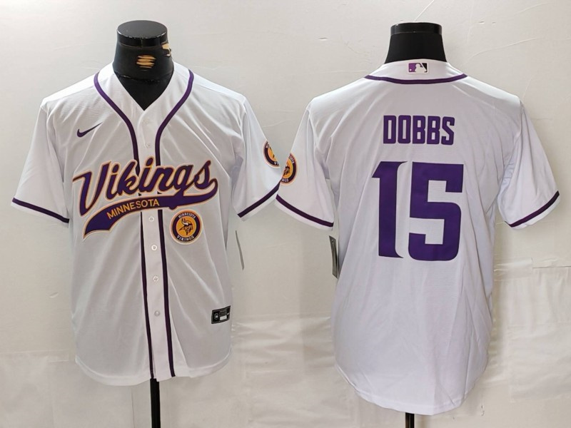 Men's Minnesota Vikings #15 Joshua Dobbs White Cool Base Stitched Baseball Jersey 2