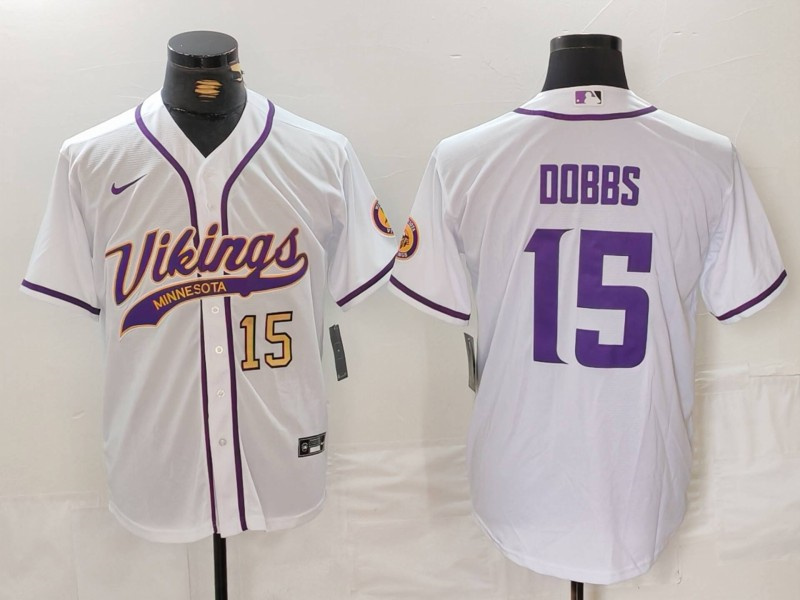 Men's Minnesota Vikings #15 Joshua Dobbs White Cool Base Stitched Baseball Jersey 1