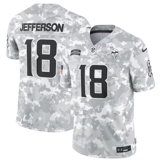 Men's Minnesota Vikings #18 Justin Jefferson 2024 Arctic Camo Salute To Service Limited Stitched Football Jersey