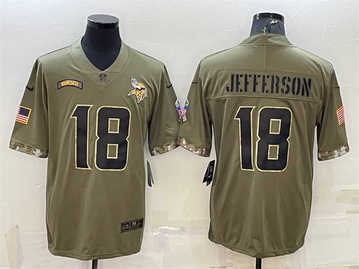 Men's Minnesota Vikings #18 Justin Jefferson Olive 2022 Salute To Service Limited Stitched Jersey