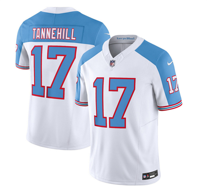 Men's Tennessee Titans #17 Ryan Tannehill White Blue 2023 F.U.S.E. Vapor Limited Throwback Stitched Football Jersey