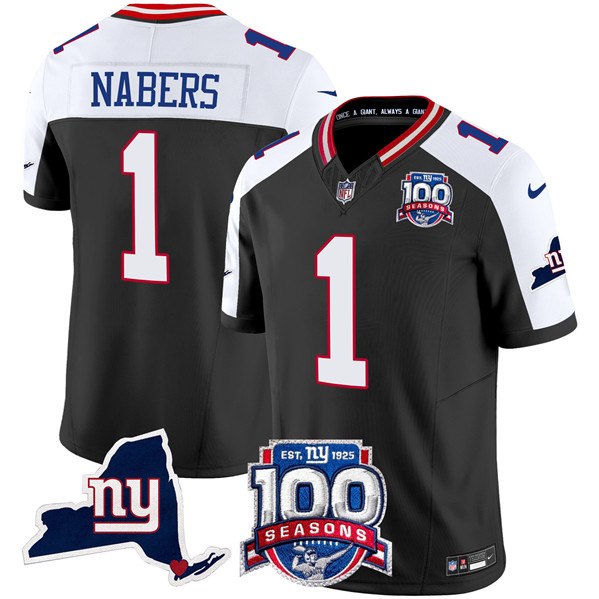 Men's New York Giants #1 Malik Nabers Black 2024 F.U.S.E. 100th Season And State Patch Vapor Limited Alternate Stitched Football Jersey