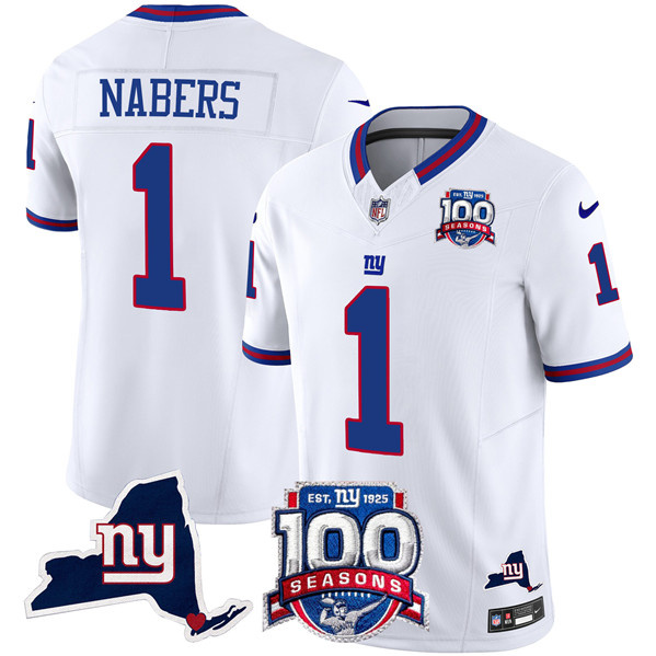 Men's New York Giants #1 Malik Nabers White 2024 F.U.S.E. 100th Season And State Patch Vapor Limited Stitched Football Jersey