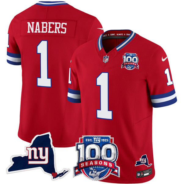 Men's New York Giants #1 Malik Nabers Red 2024 F.U.S.E. 100th Season And State Patch Vapor Limited Stitched Football Jersey