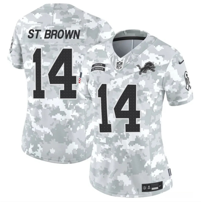 Women's Detroit Lions #14 Amon-Ra St. Brown 2024 F.U.S.E Arctic Camo Salute To Service Limited Stitched Jersey(Run Small)