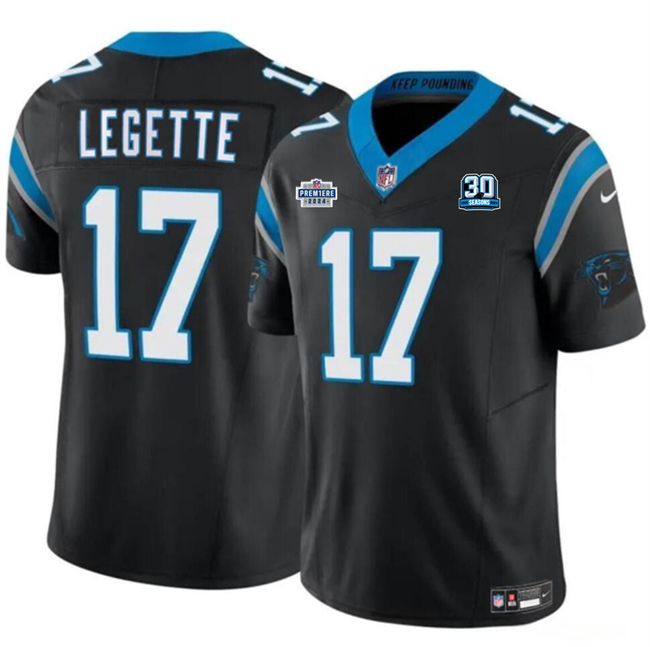 Men's Carolina Panthers #17 Xavier Legette Black 2024 With Dradt Patch And 30th Anniversary Patch F.U.S.E. Vapor Limited Stitched Football Jersey