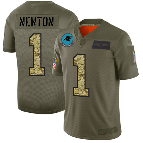 Panthers #1 Cam Newton Olive Camo Men's Stitched Football Limited 2019 Salute To Service Jersey