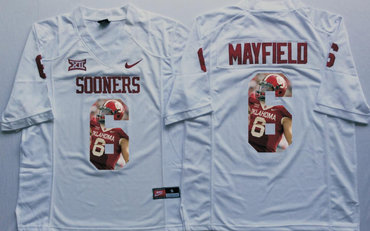 Oklahoma Sooners 14 Baker Mayfield All White Portrait Number College Jersey