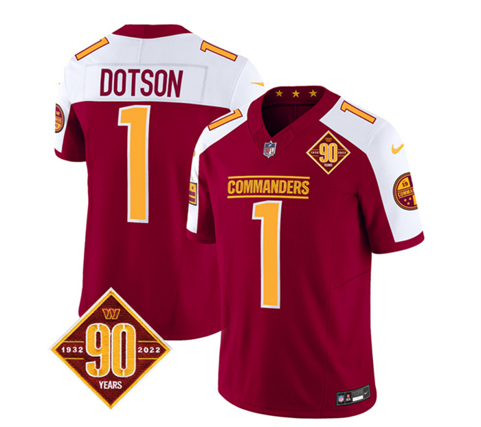 Men's Washington Commanders #1 Jahan Dotson Burgundy White 2023 F.U.S.E. 90th Anniversary Vapor Limited Stitched Football Jersey