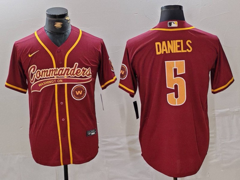 Men's Washington Commanders #5 Jayden Daniels Burgundy With Patch Cool Base Stitched Baseball Jersey 3