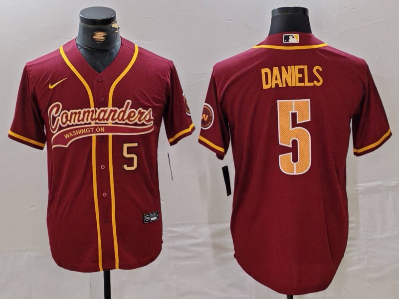 Men's Washington Commanders #5 Jayden Daniels Burgundy With Patch Cool Base Stitched Baseball Jersey 1