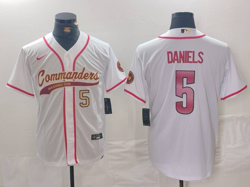 Men's Washington Commanders #5 Jayden Daniels White With Patch Cool Base Stitched Baseball Jersey 3