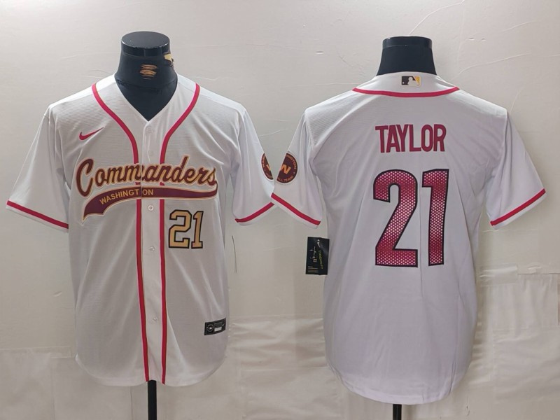 Men's Washington Commanders #21 Sean Taylor White With Patch Cool Base Stitched Baseball Jersey 2