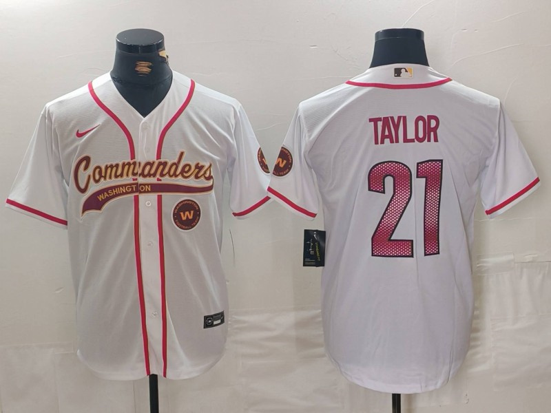 Men's Washington Commanders #21 Sean Taylor White With Patch Cool Base Stitched Baseball Jersey 1