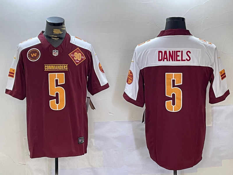 Men's Washington Commanders #5 Jayden Daniels Burgundy White 2023 F.U.S.E. 90th Anniversary Vapor Limited Stitched Football Jersey 1