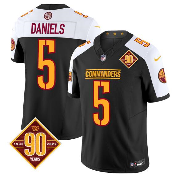 Men's Washington Commanders #5 Jayden Daniels Black White 2024 F.U.S.E. 90th Anniversary Vapor Limited Stitched Football Jersey