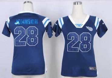 NEW Women Jerseys Tennessee Titans 28 Chris Johnson blue(fashion Rhinestone sequins)