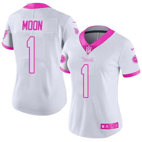 Nike Titans #1 Warren Moon White Pink Women's Stitched NFL Limited Rush Fashion Jersey