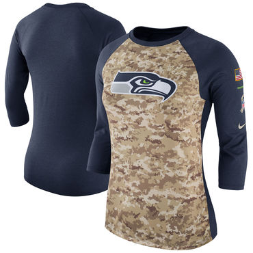 Women's Seattle Seahawks Nike Camo Navy Salute To Service Legend Three-Quarter Raglan Sleeve T Shirt