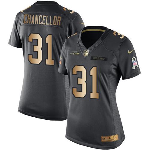 Nike Seahawks #31 Kam Chancellor Black Women's Stitched NFL Limited Gold Salute to Service Jersey